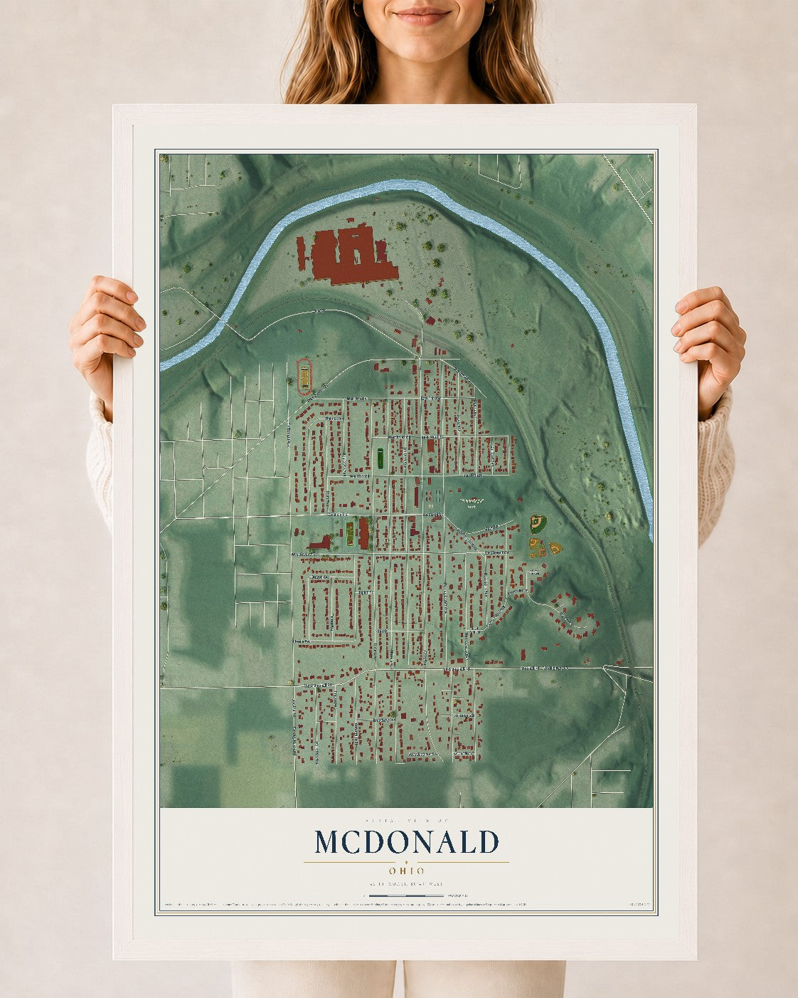 Map of McDonald, Ohio, 24 x 36 inch print in a white wood frame