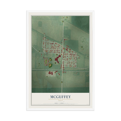 Map of McGuffey, Ohio, 12 x 18 inch print in a white wood frame