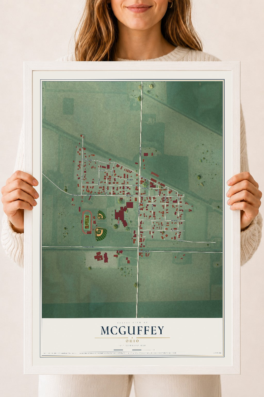 Map of McGuffey, Ohio, 18 x 24 inch print in a white wood frame