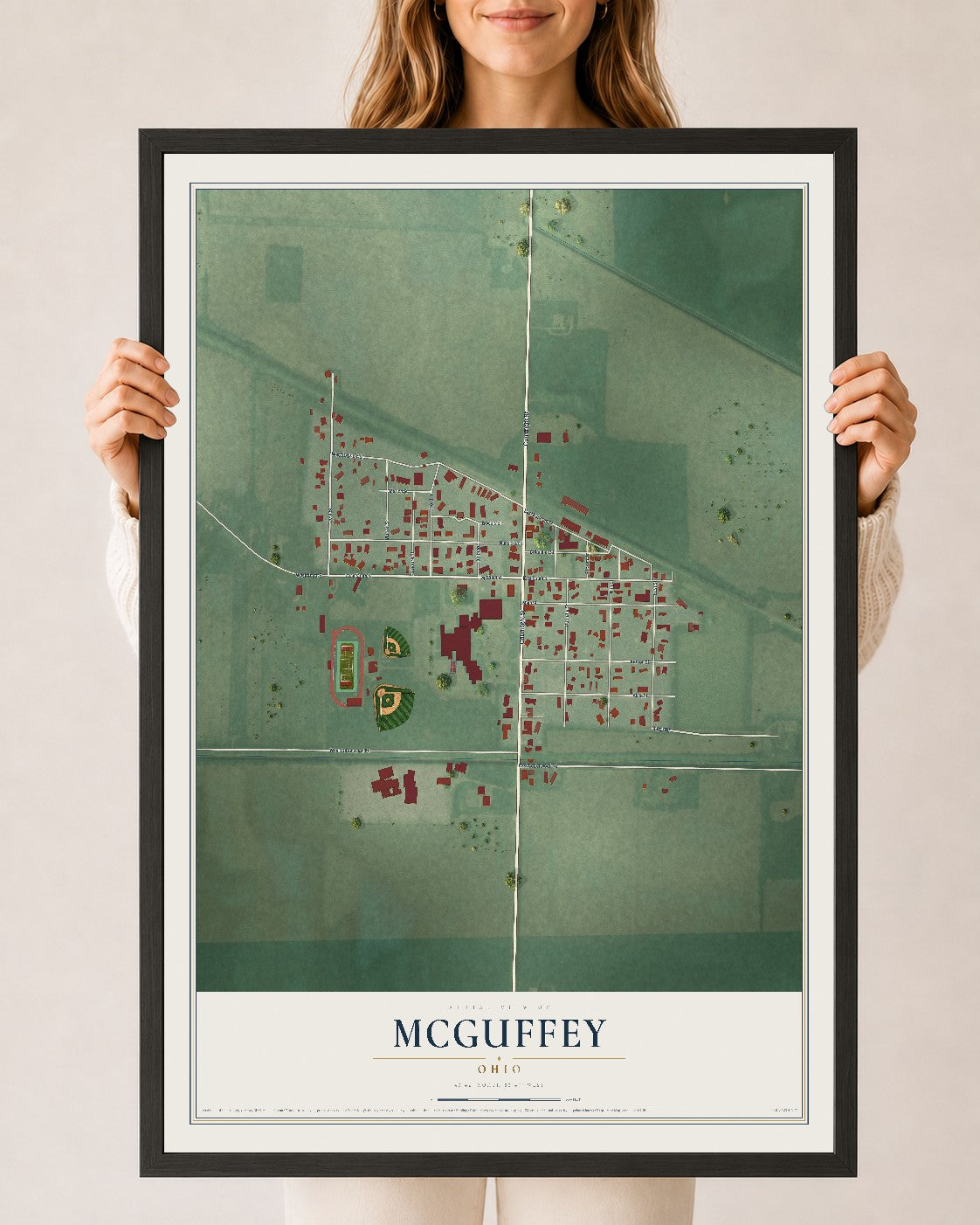 Map of McGuffey, Ohio, 24 x 36 inch print in a black wood frame