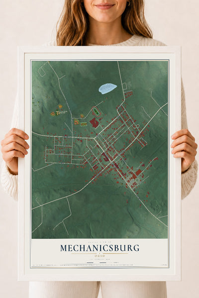 Map of Mechanicsburg, Ohio, 18 x 24 inch print in a white wood frame