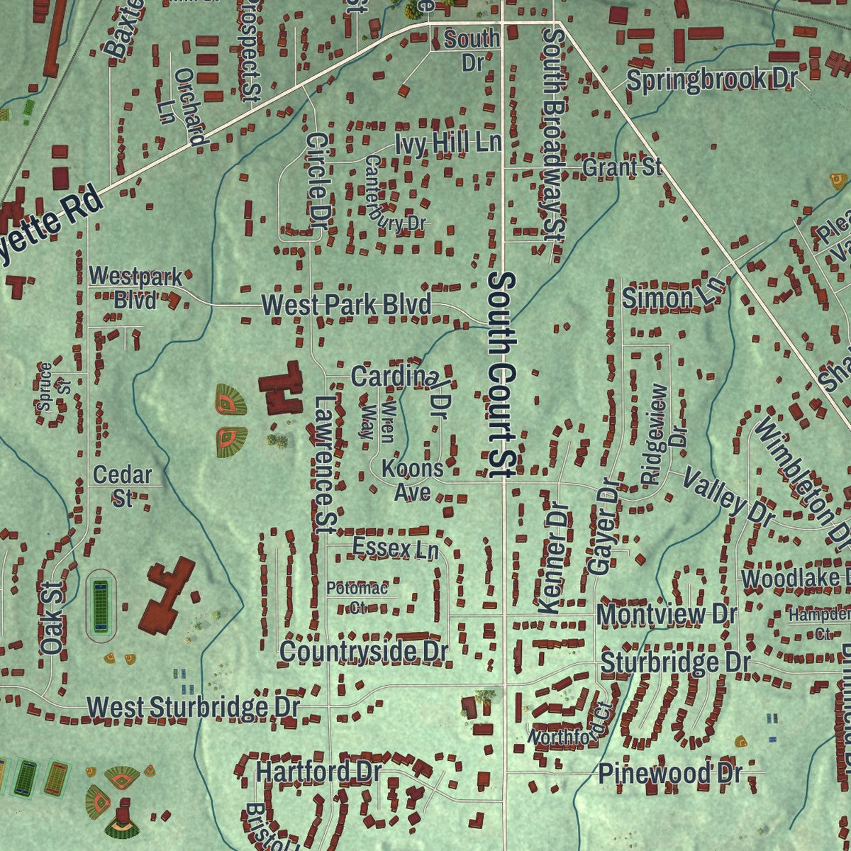 Close-up of the map of Medina, Ohio print showing street and building detail