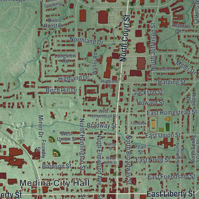 Second close-up of the map of Medina, Ohio print showing more streets and buildings