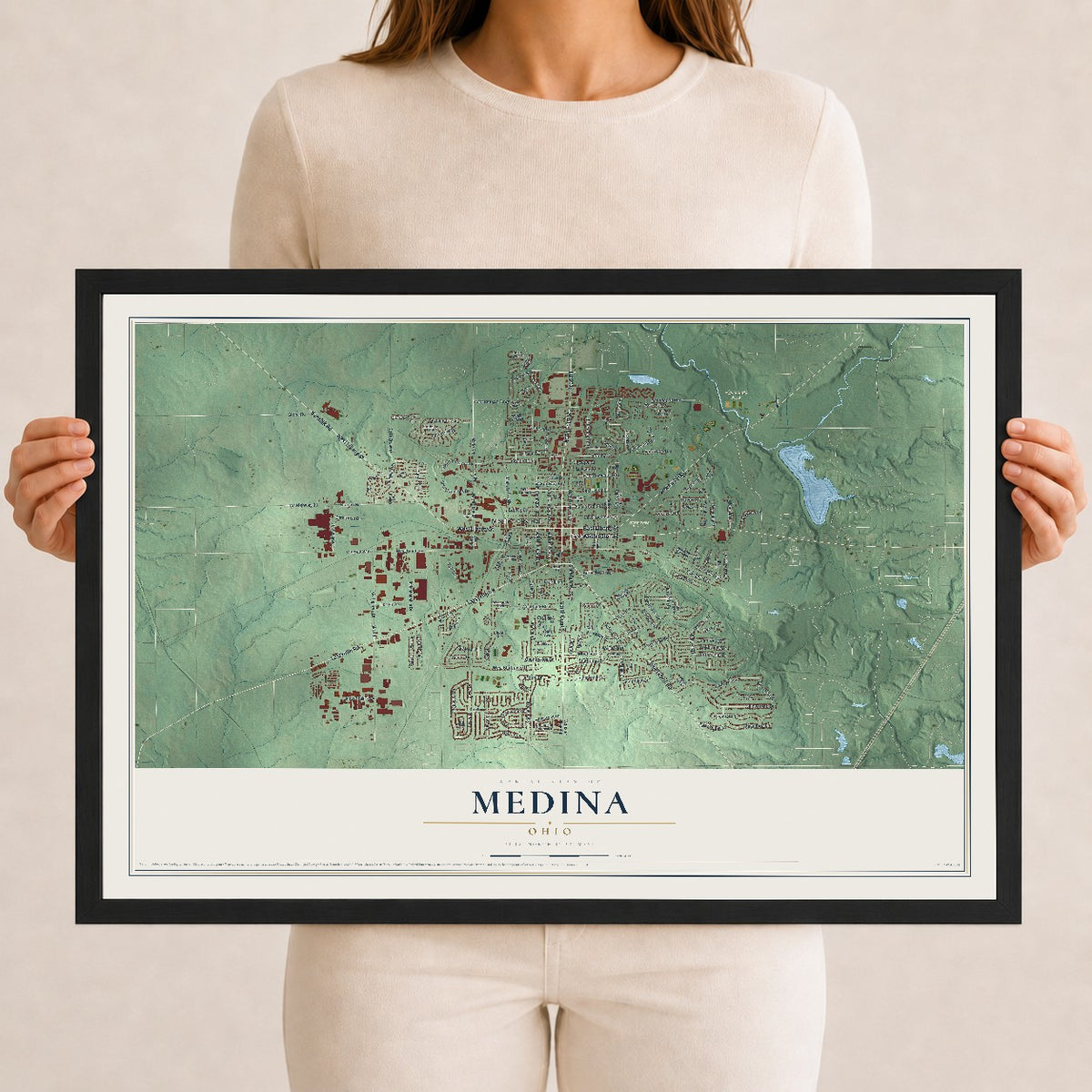 Map of Medina, Ohio, 12 x 18 inch print in a black wood frame