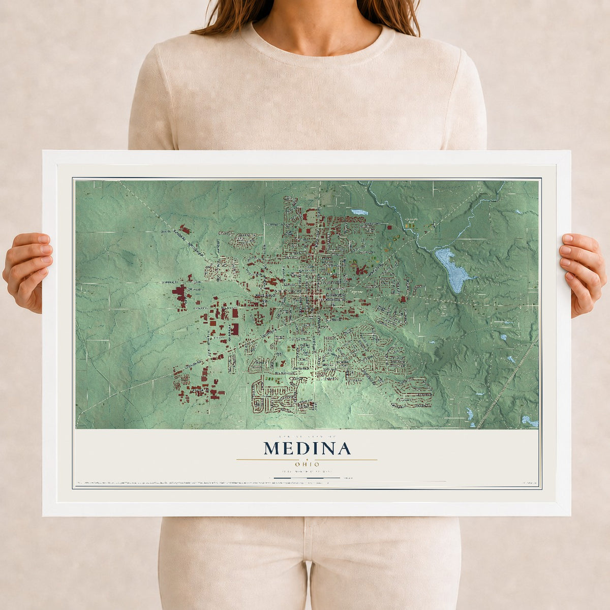 Map of Medina, Ohio, 12 x 18 inch print in a white wood frame