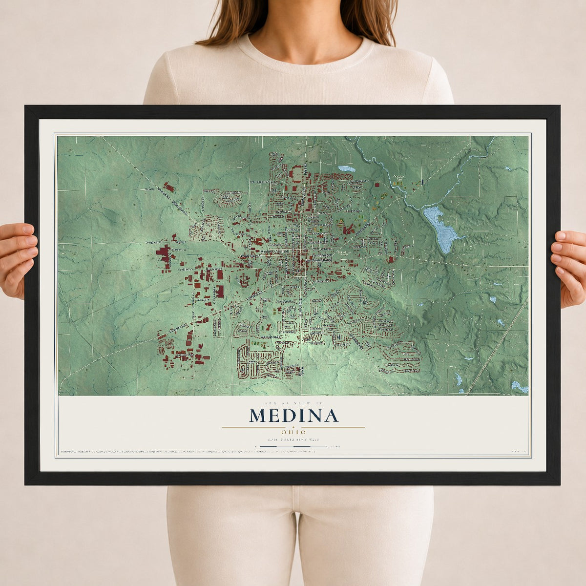 Map of Medina, Ohio, 18 x 24 inch print in a black wood frame