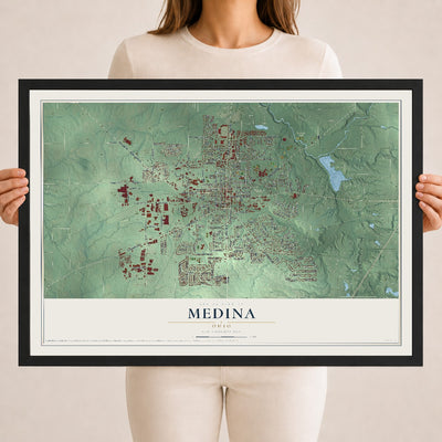 Map of Medina, Ohio, 18 x 24 inch print in a black wood frame