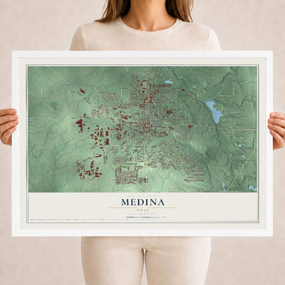 Map of Medina, Ohio, 18 x 24 inch print in a white wood frame