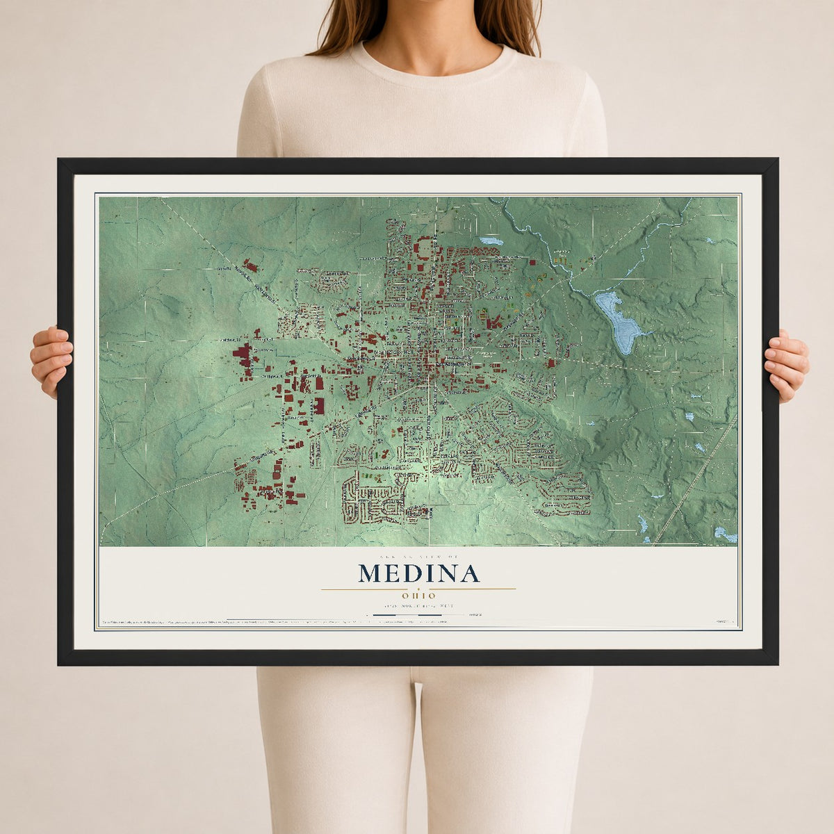 Map of Medina, Ohio, 24 x 36 inch print in a black wood frame