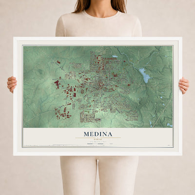 Map of Medina, Ohio, 24 x 36 inch print in a white wood frame