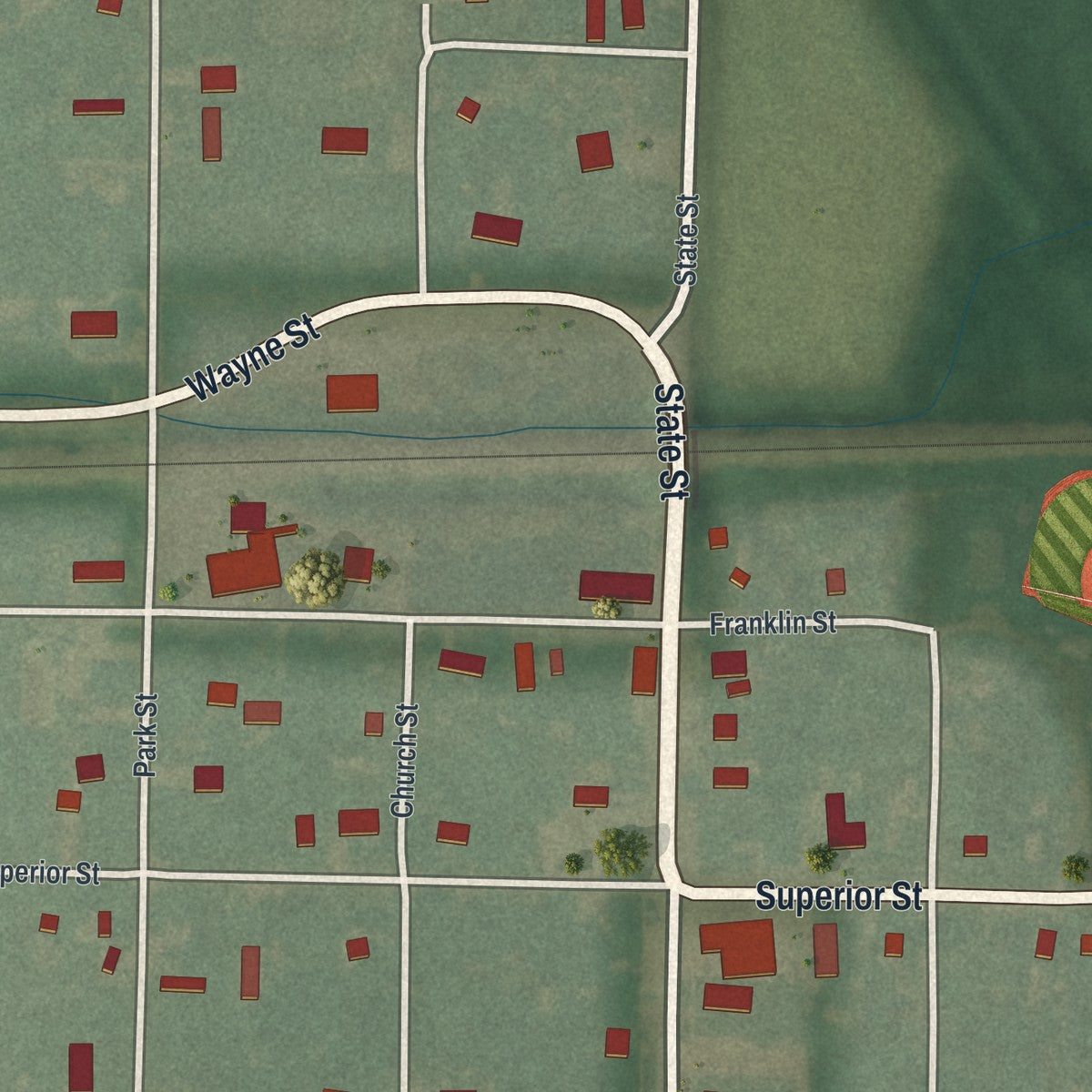 Close-up of the map of Melrose, Ohio print showing street and building detail