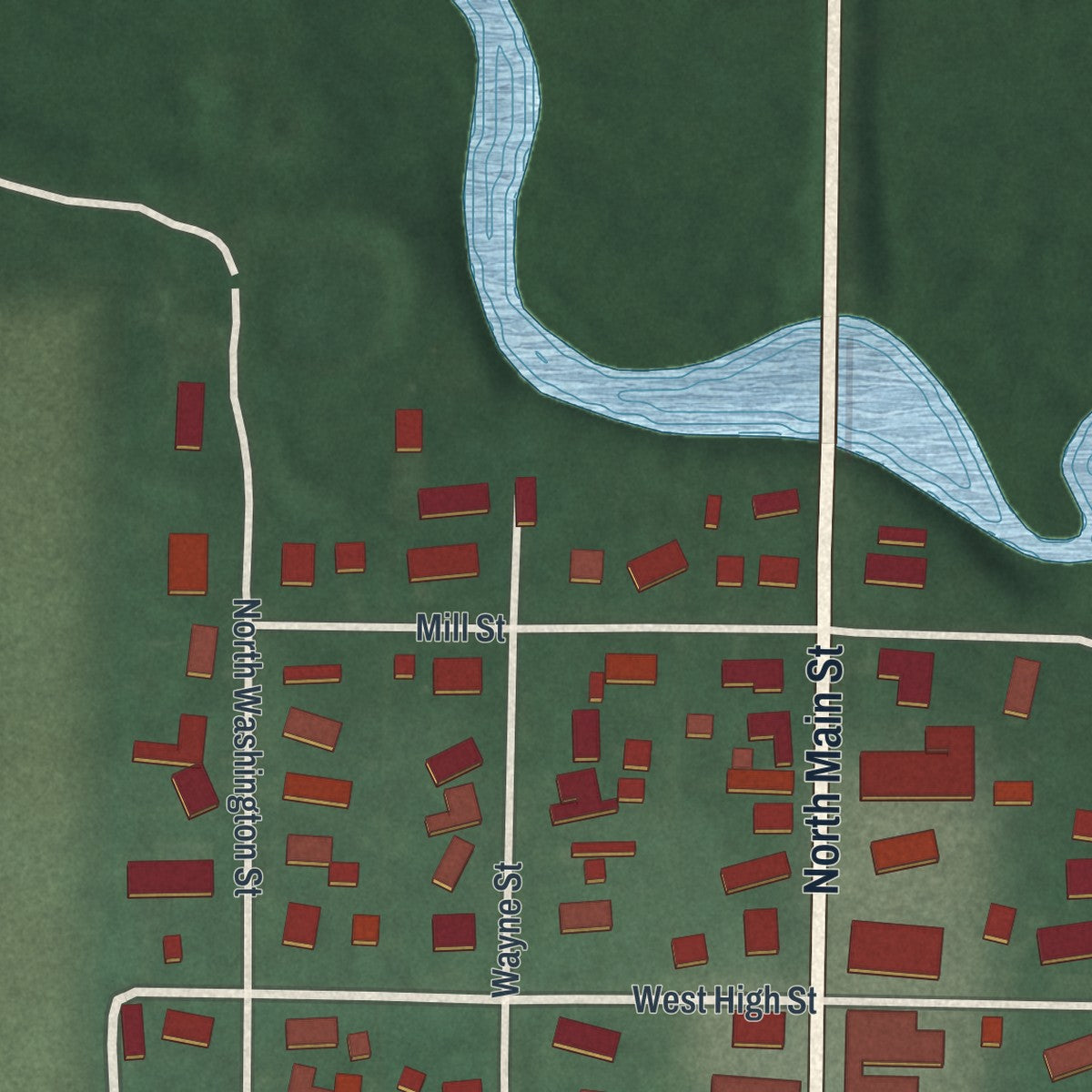 Second close-up of the map of Mendon, Ohio print showing more streets and buildings