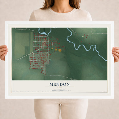 Map of Mendon, Ohio, 18 x 24 inch print in a white wood frame