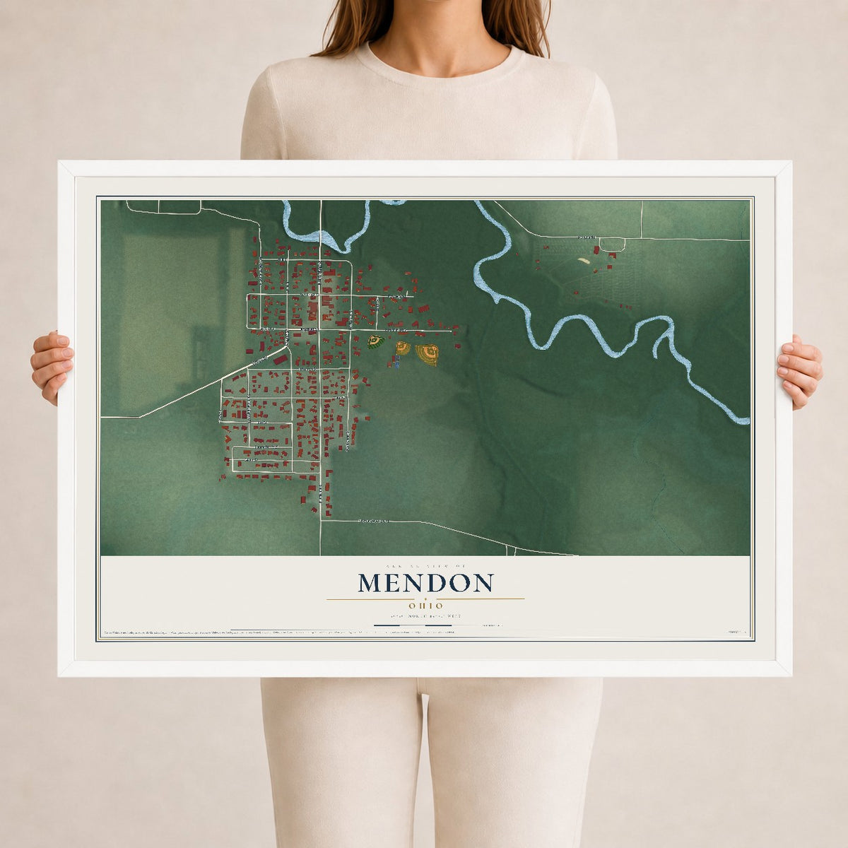 Map of Mendon, Ohio, 24 x 36 inch print in a white wood frame