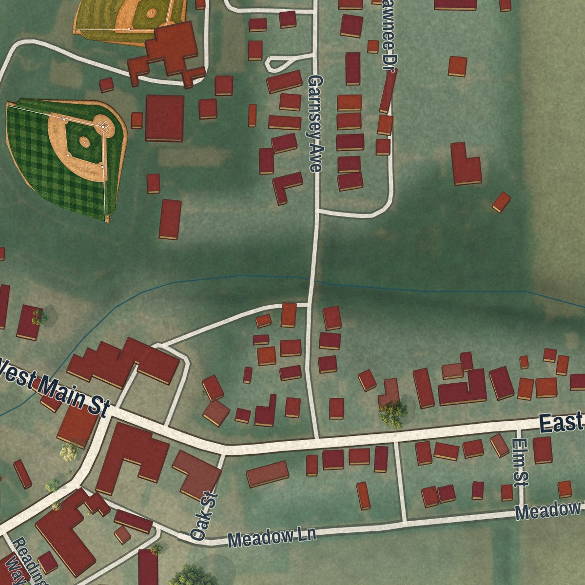 Close-up of the map of Metamora, Ohio print showing street and building detail