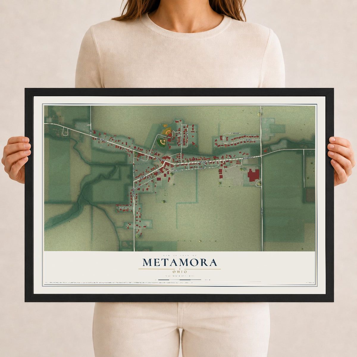 Map of Metamora, Ohio, 12 x 18 inch print in a black wood frame