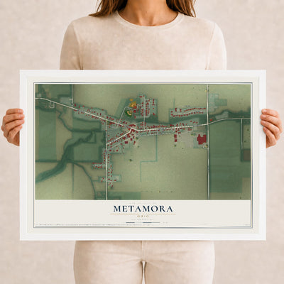 Map of Metamora, Ohio, 12 x 18 inch print in a white wood frame