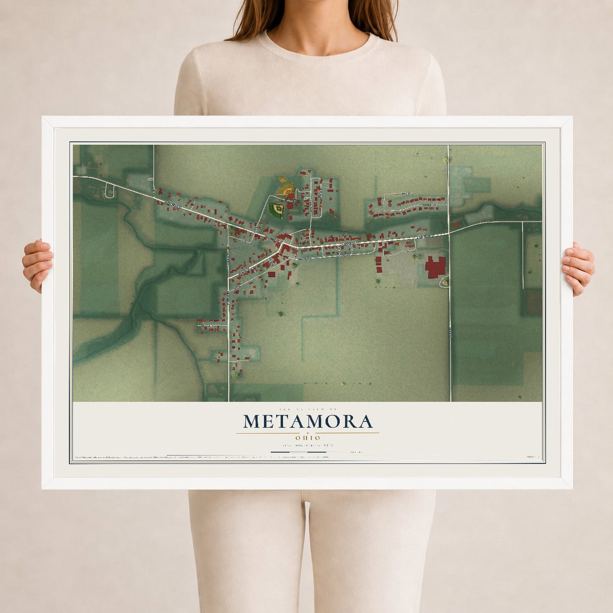Map of Metamora, Ohio, 24 x 36 inch print in a white wood frame