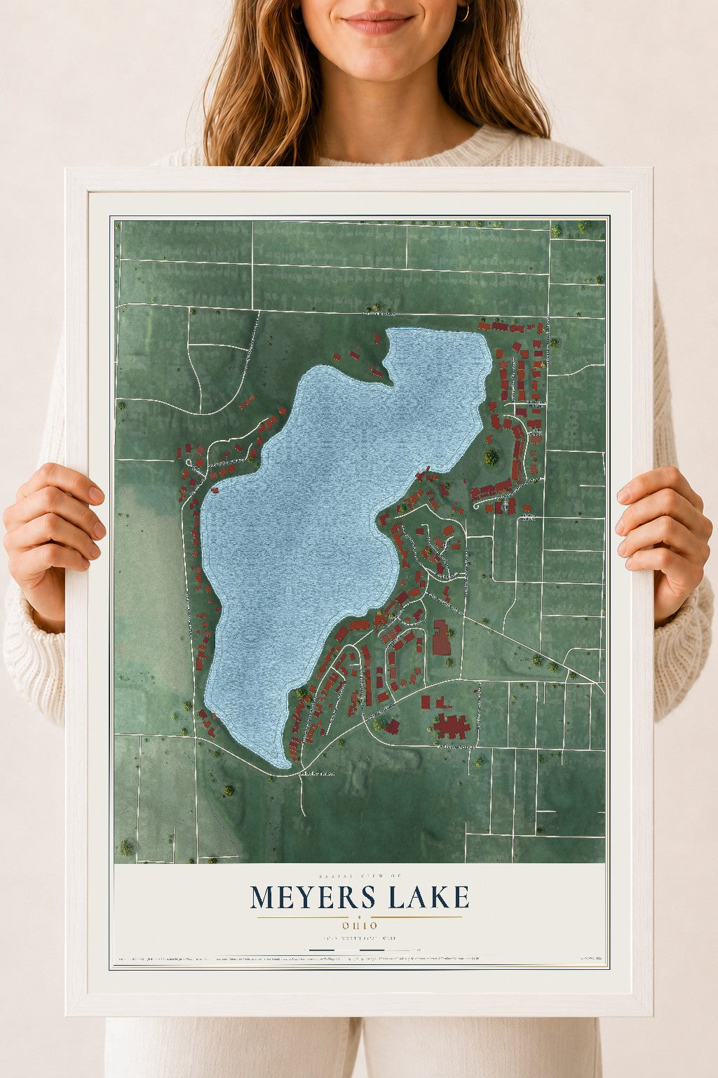 Map of Meyers Lake, Ohio, 18 x 24 inch print in a white wood frame