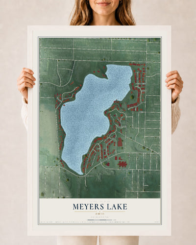 Map of Meyers Lake, Ohio, 24 x 36 inch print in a white wood frame
