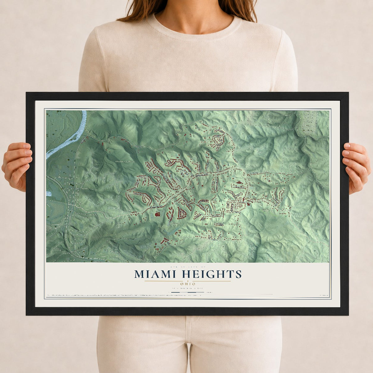 Map of Miami Heights, Ohio, 12 x 18 inch print in a black wood frame