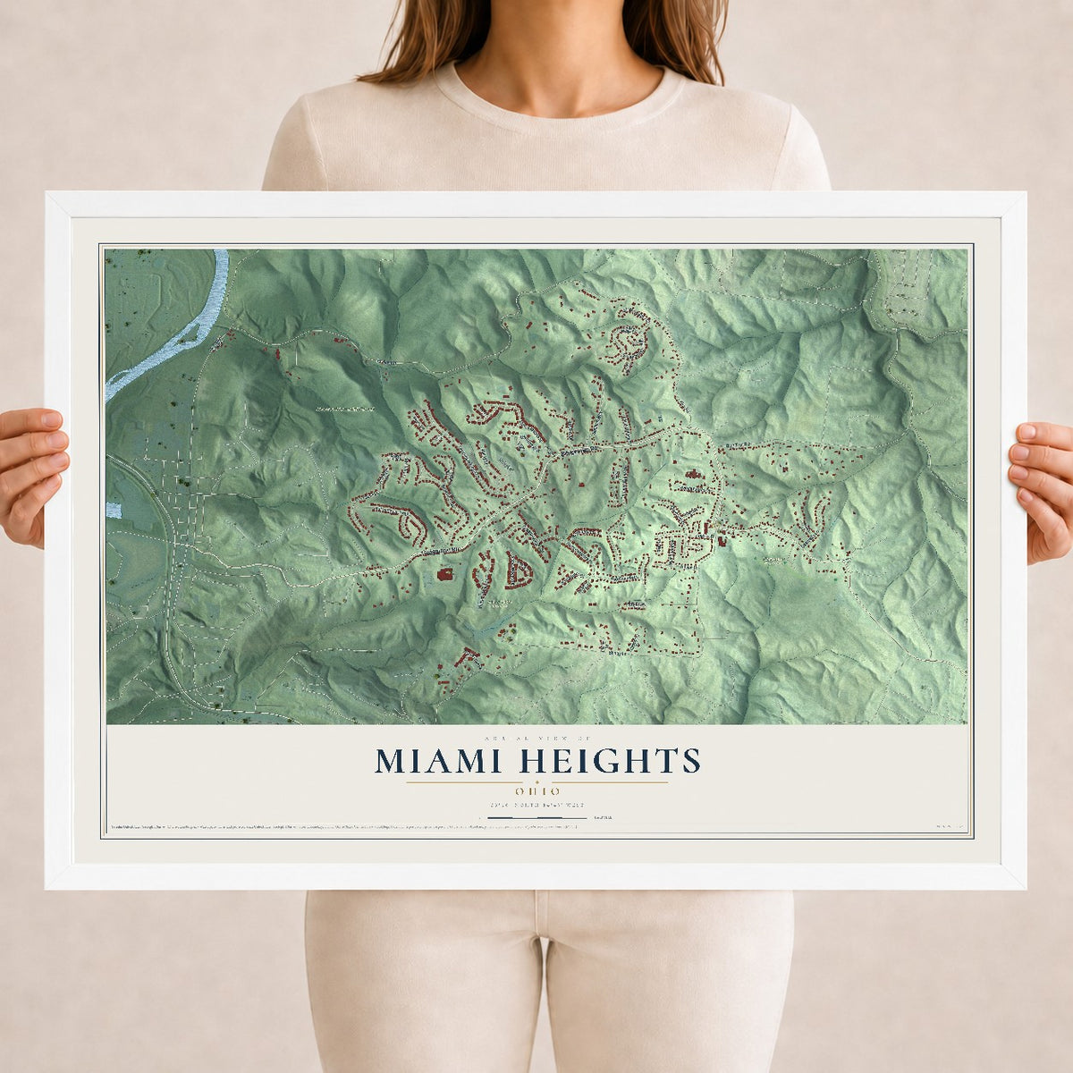 Map of Miami Heights, Ohio, 18 x 24 inch print in a white wood frame