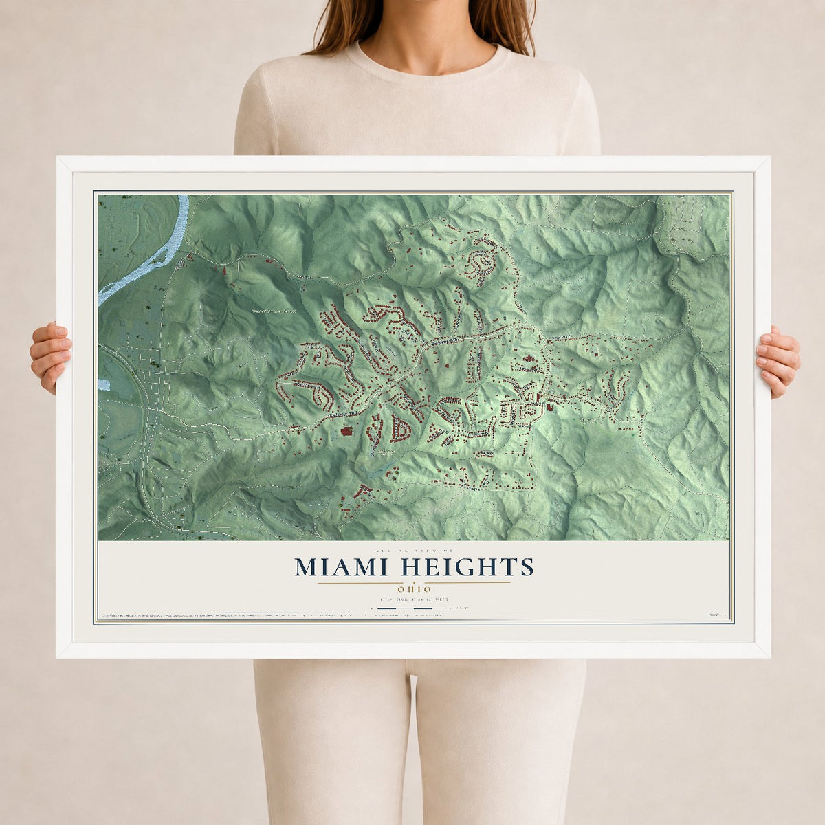 Map of Miami Heights, Ohio, 24 x 36 inch print in a white wood frame