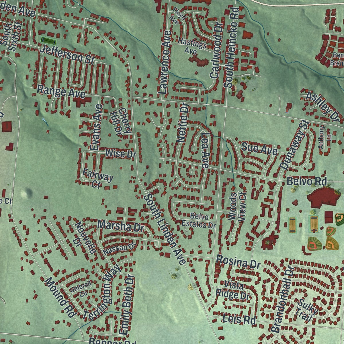 Close-up of the map of Miamisburg, Ohio print showing street and building detail