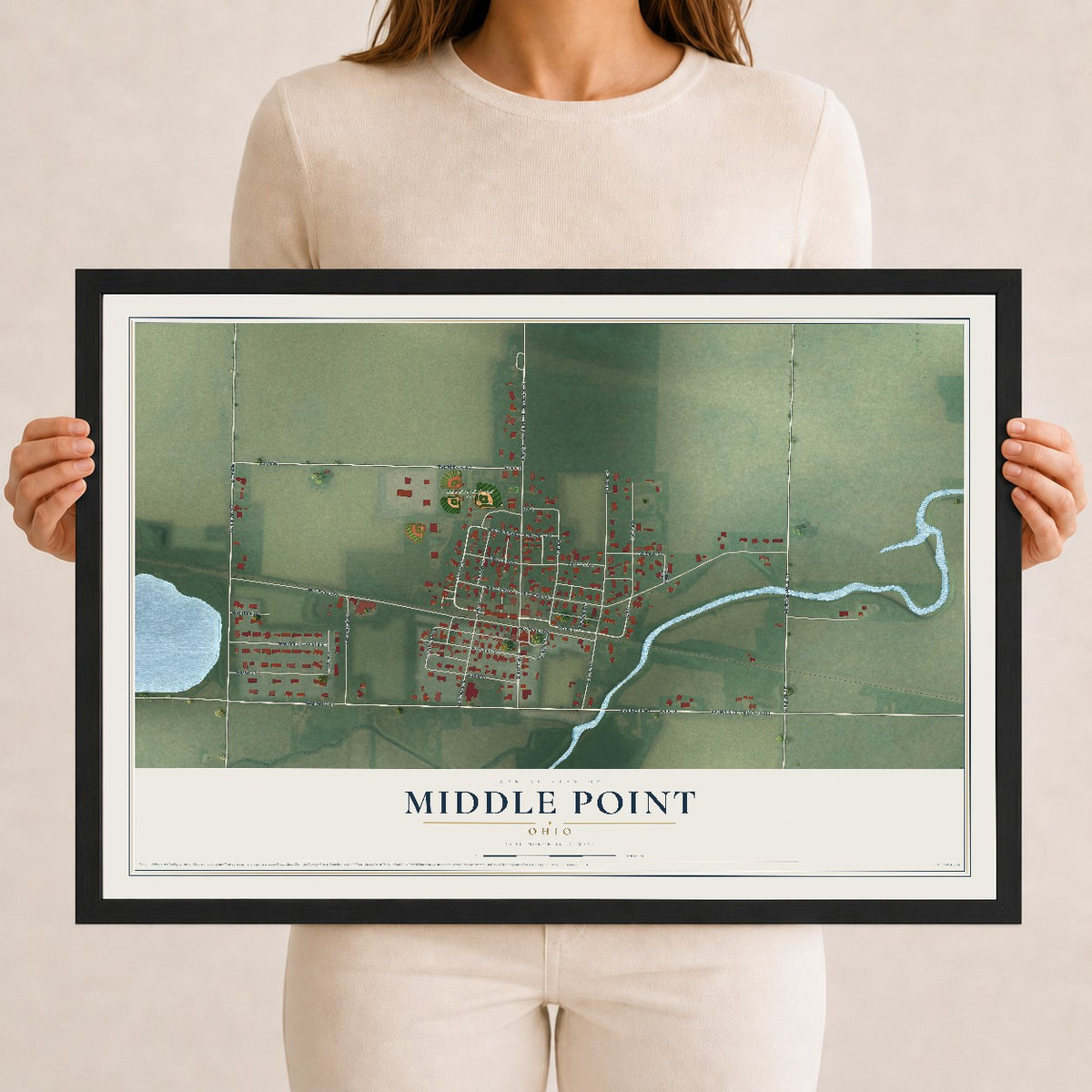 Map of Middle Point, Ohio, 12 x 18 inch print in a black wood frame