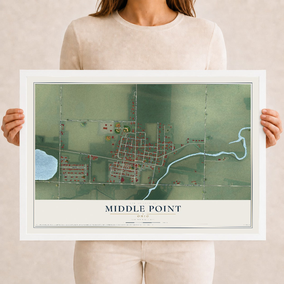 Map of Middle Point, Ohio, 12 x 18 inch print in a white wood frame