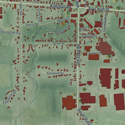 Close-up of the map of Middlefield, Ohio print showing street and building detail
