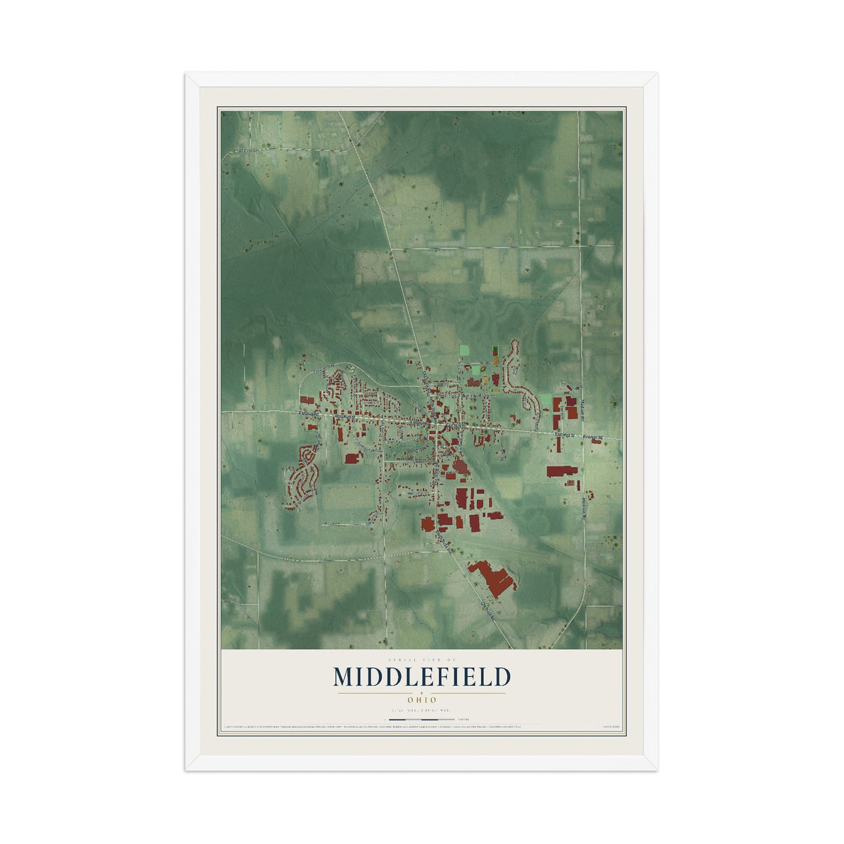 Map of Middlefield, Ohio, 12 x 18 inch print in a white wood frame