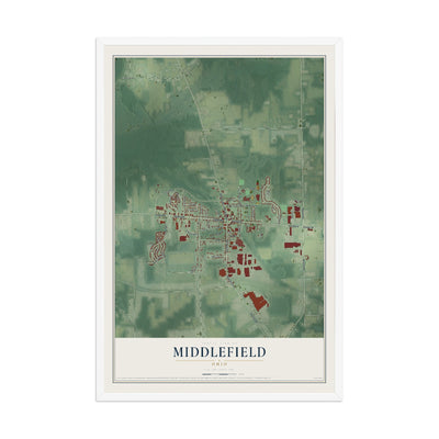 Map of Middlefield, Ohio, 12 x 18 inch print in a white wood frame