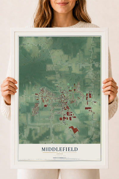 Map of Middlefield, Ohio, 18 x 24 inch print in a white wood frame