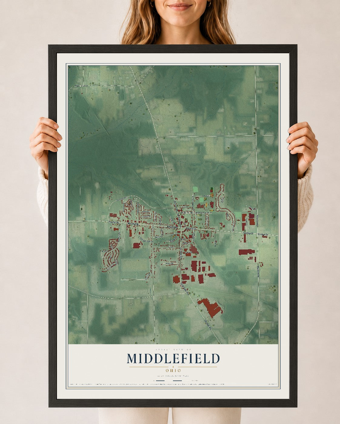 Map of Middlefield, Ohio, 24 x 36 inch print in a black wood frame