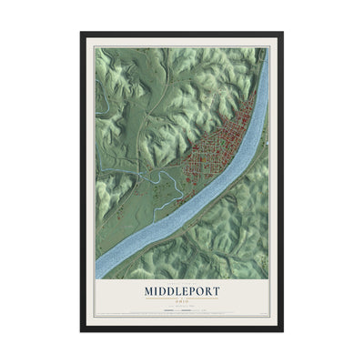 Map of Middleport, Ohio, 12 x 18 inch print in a black wood frame