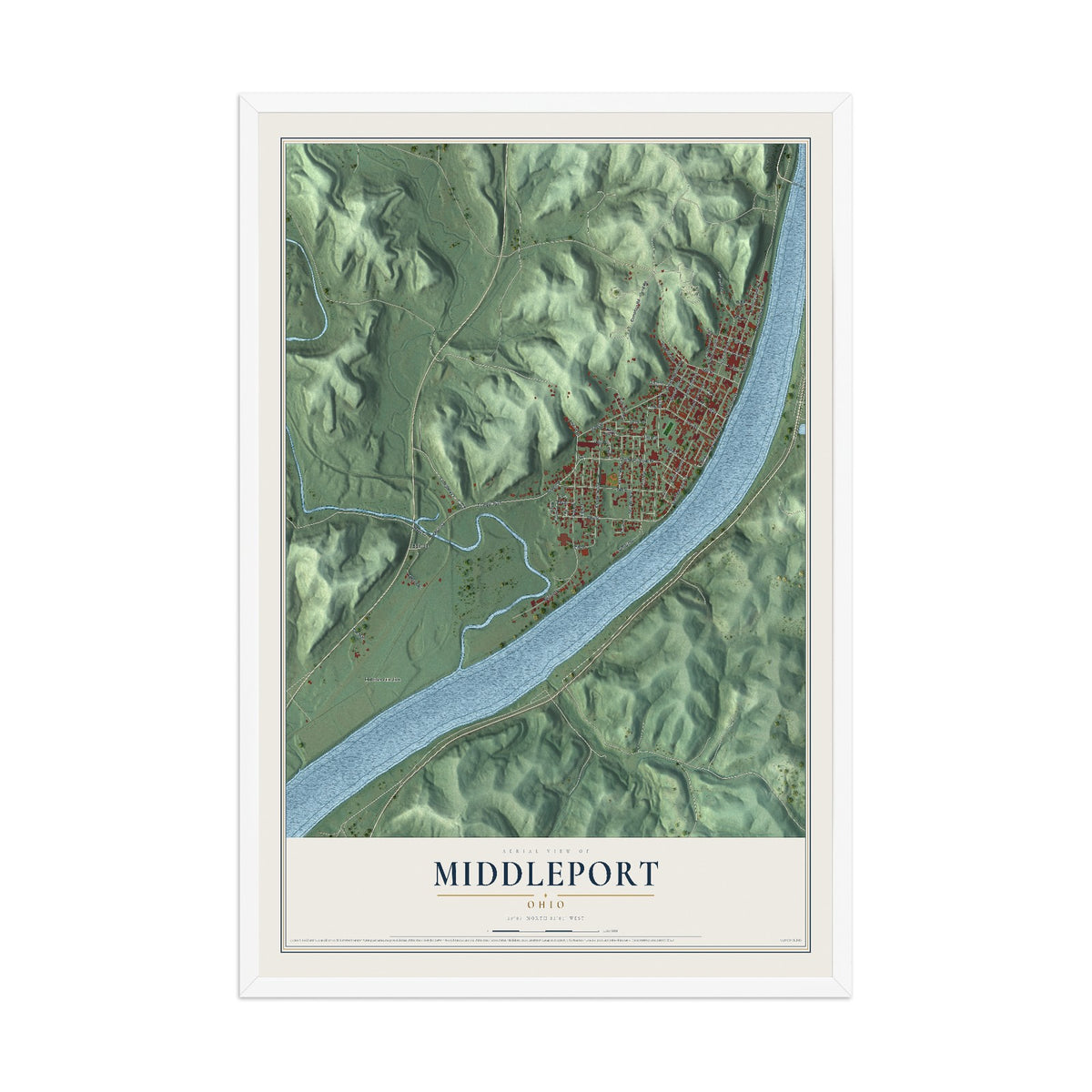 Map of Middleport, Ohio, 12 x 18 inch print in a white wood frame