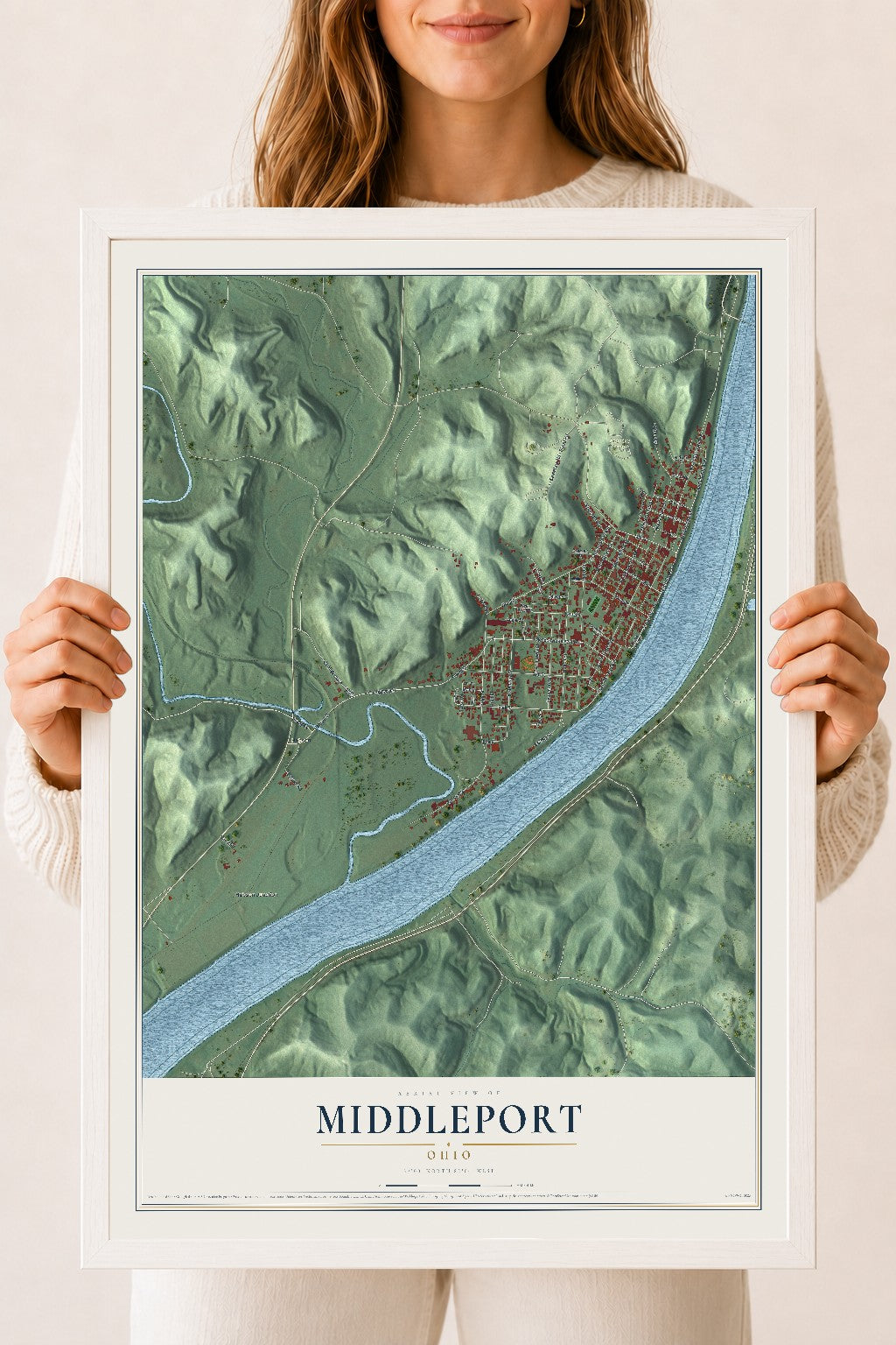 Map of Middleport, Ohio, 18 x 24 inch print in a white wood frame