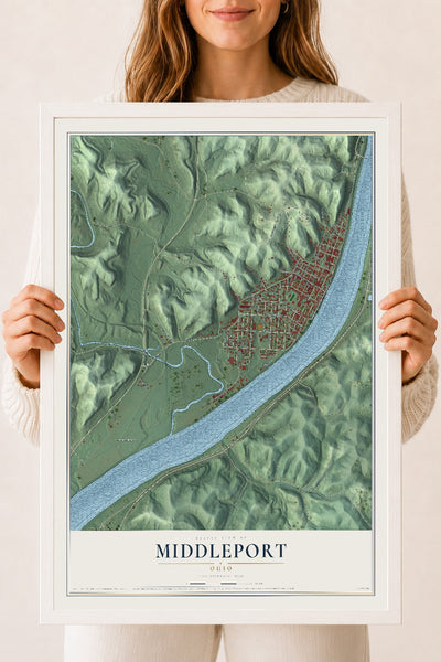 Map of Middleport, Ohio, 18 x 24 inch print in a white wood frame