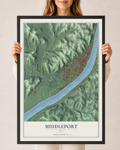 Map of Middleport, Ohio, 24 x 36 inch print in a black wood frame