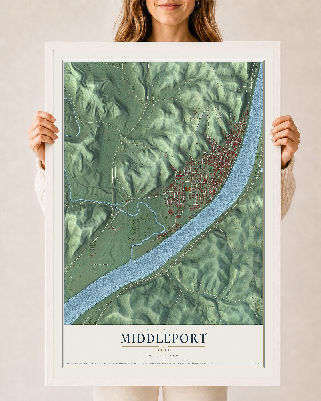 Map of Middleport, Ohio, 24 x 36 inch print in a white wood frame