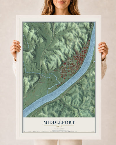 Map of Middleport, Ohio, 24 x 36 inch print in a white wood frame