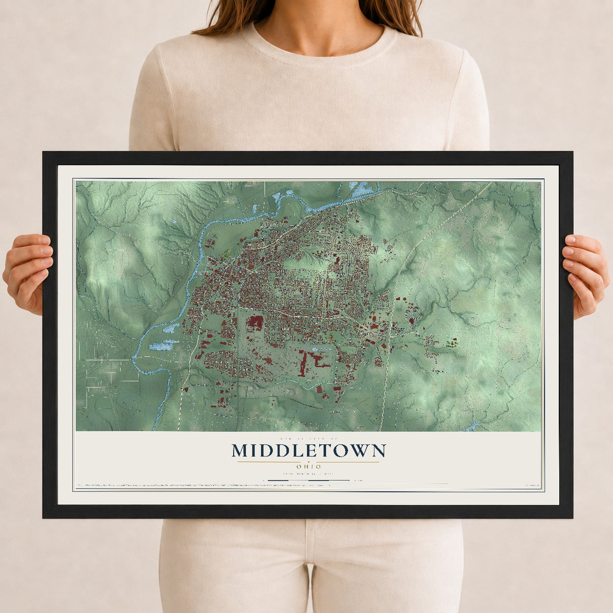 Map of Middletown, Ohio, 12 x 18 inch print in a black wood frame