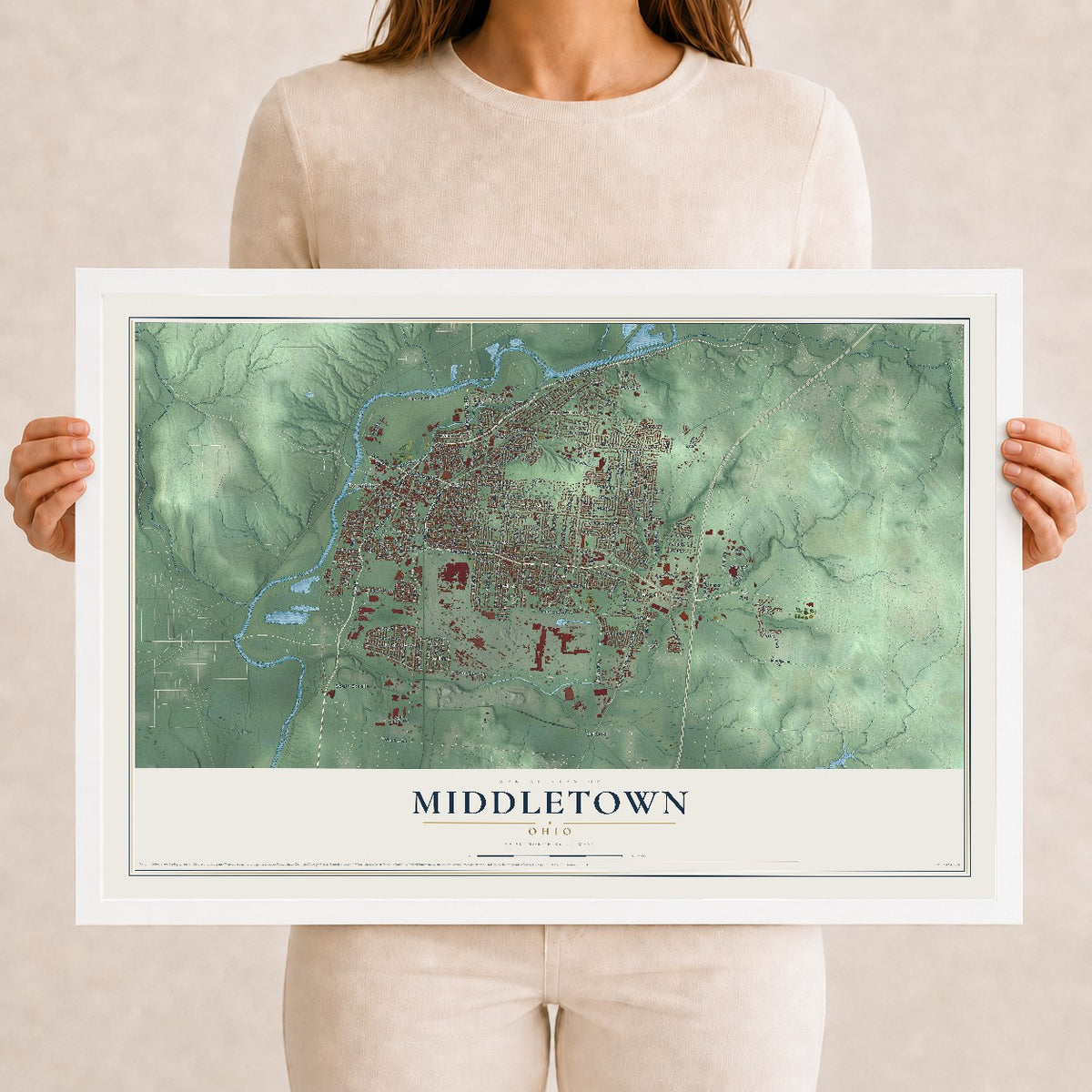 Map of Middletown, Ohio, 12 x 18 inch print in a white wood frame