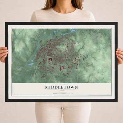 Map of Middletown, Ohio, 18 x 24 inch print in a black wood frame