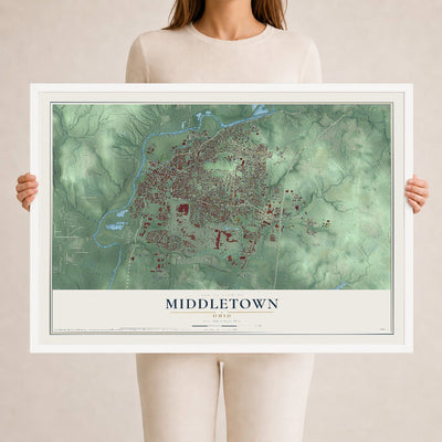 Map of Middletown, Ohio, 24 x 36 inch print in a white wood frame