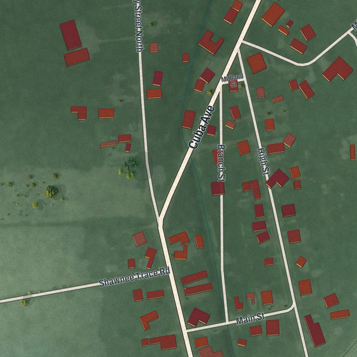 Close-up of the map of Midland, Ohio print showing street and building detail