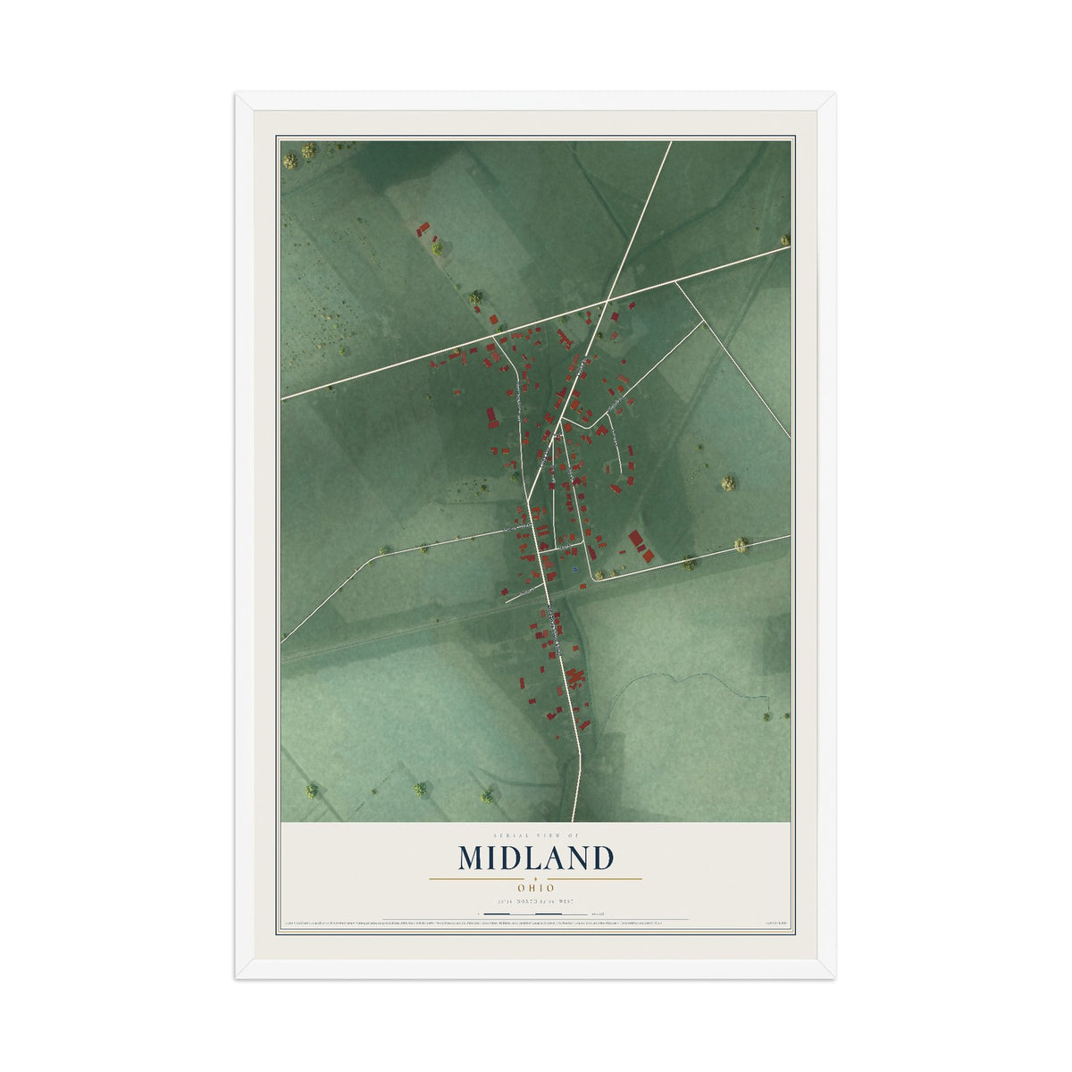Map of Midland, Ohio, 12 x 18 inch print in a white wood frame