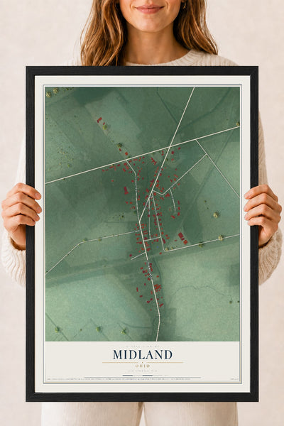 Map of Midland, Ohio, 18 x 24 inch print in a black wood frame