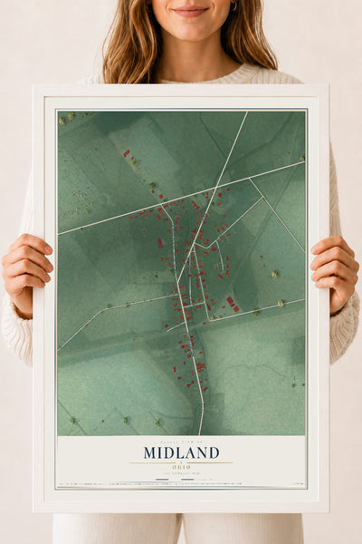 Map of Midland, Ohio, 18 x 24 inch print in a white wood frame